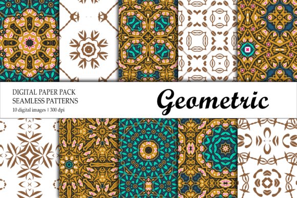 Digital Paper Geometric Black Gold Brown and Geometric Tiles Digital Paper